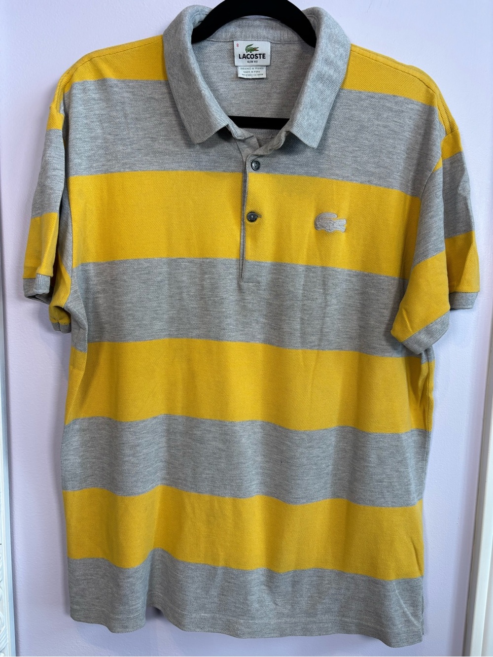 Lacoste Gray & Yellow Wide-Stripe Casual Golf Sport Polo Shirt Size 8